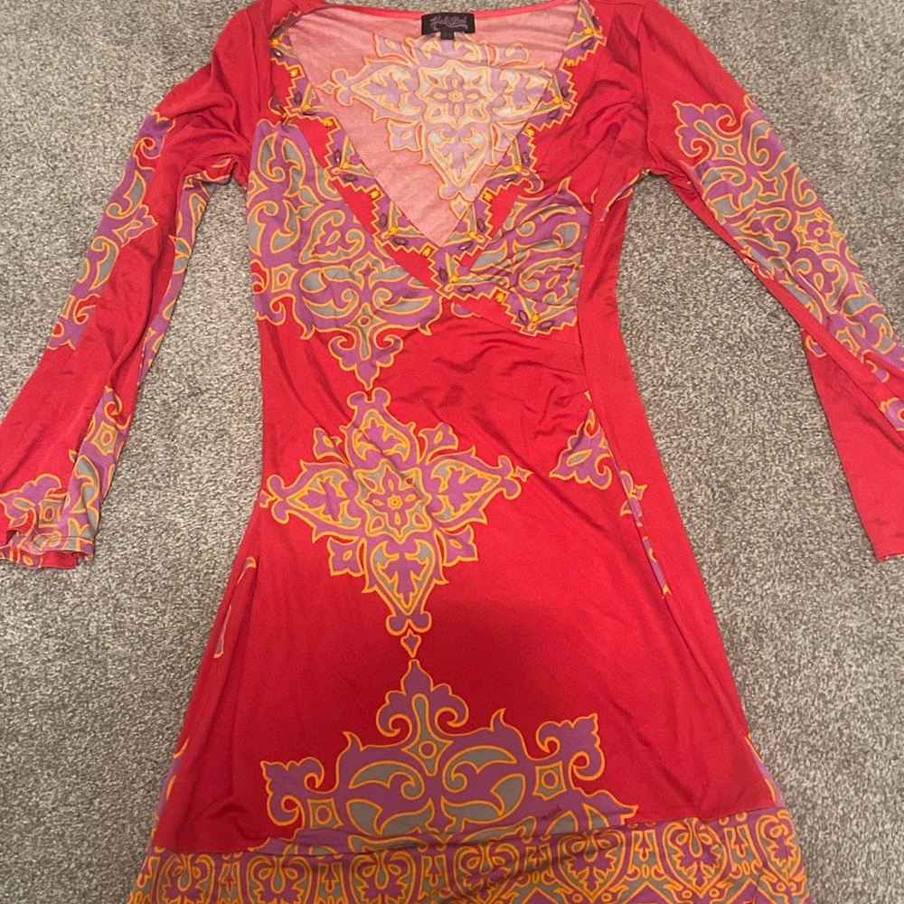 Hale Bob Red and Purple silk  Sleeve mini Vneck Dress
